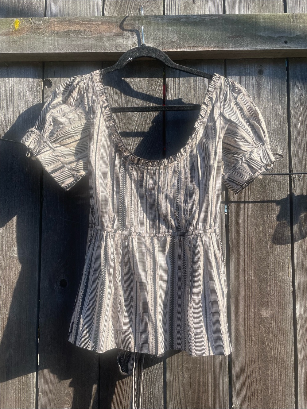 Short Sleeve Scoop Neck Peplum Blouse - Cream & black Stripe